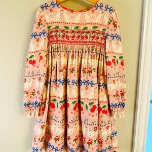 Mini Boden Valentines dress with cherry and cat print pattern . Size 8-9